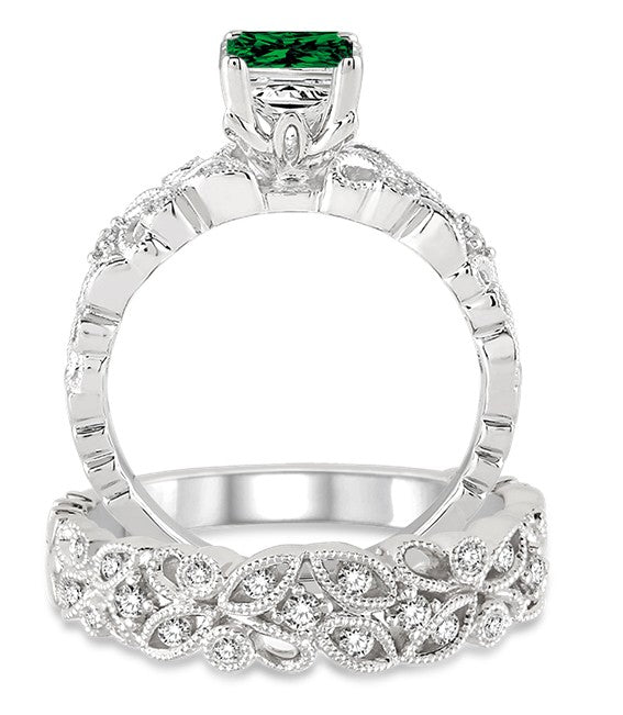 1.5 Carat Emerald Infinity Floral Antique Bridal setRound cut Moissanite Diamond on 10k White Gold