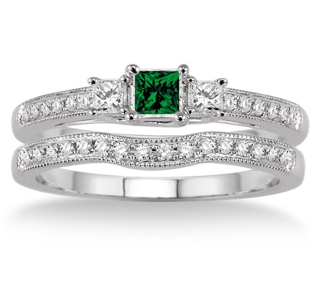 1.5 Carat Emerald Three Stone Bridal Set on 10k White Gold