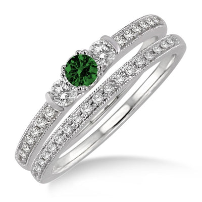 1.5 Carat EmeraldThree Stone Bridal Set on 10k White Gold