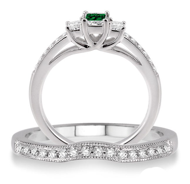 1.5 Carat Emerald Three Stone Bridal Set on 10k White Gold