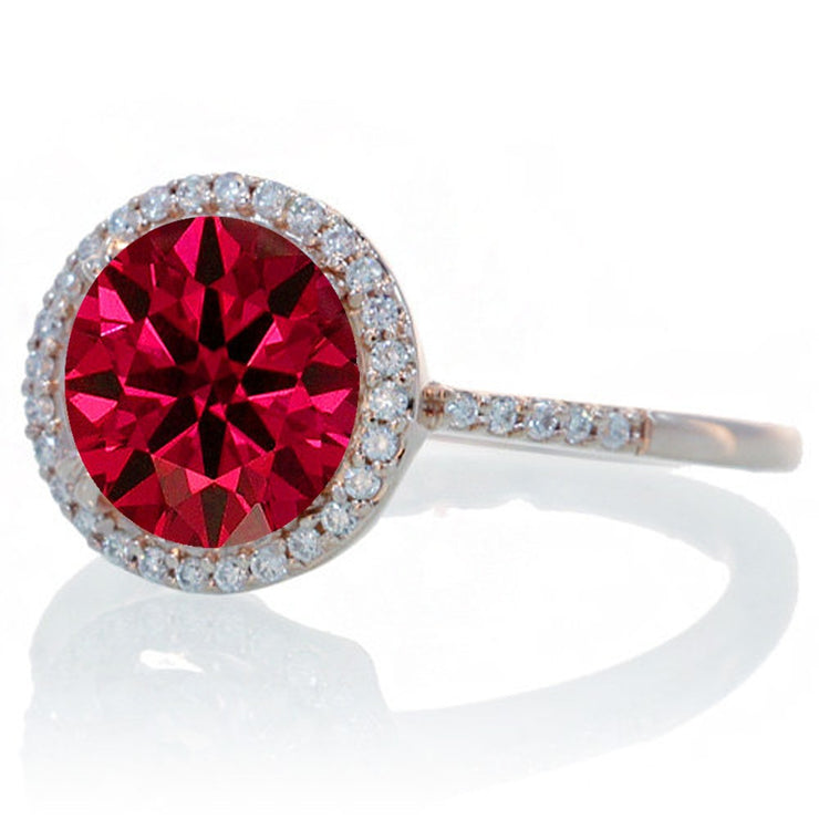 2.5 Carat Huge Ruby and Moissanite Diamond Halo Classic Engagement Ring on 10k Rose Gold