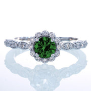 1.5 Carat Round Cut Emerald and Moissanite Diamond Flower Vintage Designer Engagement Ring on 10k White Gold