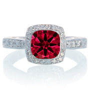 1.5 Carat Round Vintage Ruby and Moissanite Diamond Halo Wedding Ring on 10k White Gold