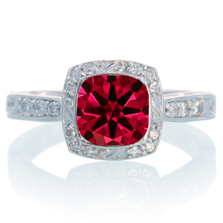 1.5 Carat Round Vintage Ruby and Moissanite Diamond Halo Wedding Ring on 10k White Gold