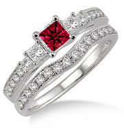 1.5 Carat Ruby Antique Bridal set Halo Ring on 10k White Gold