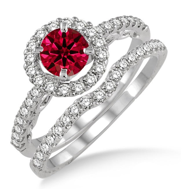 1.5 Carat Ruby Antique Floral Halo Bridal set on 10k White Gold