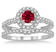 1.5 Carat Ruby Antique Floral Halo Bridal set on 10k White Gold