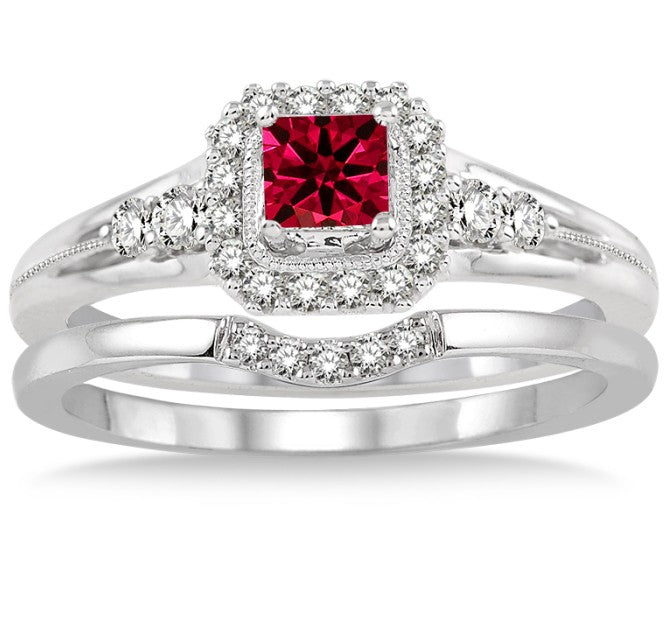 1.5 Carat Ruby Bridal Set Halo Engagement Ring Bridal Set on 10k White Gold