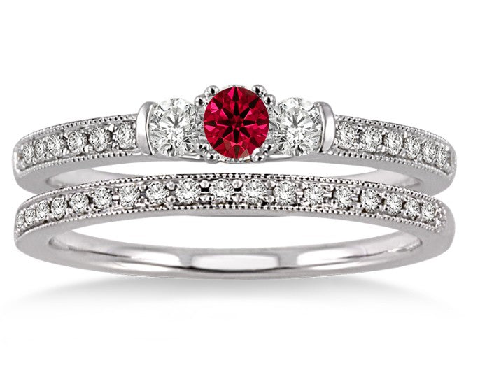 1.5 ct Ruby Three Stone Bridal Set on 10k White Gold