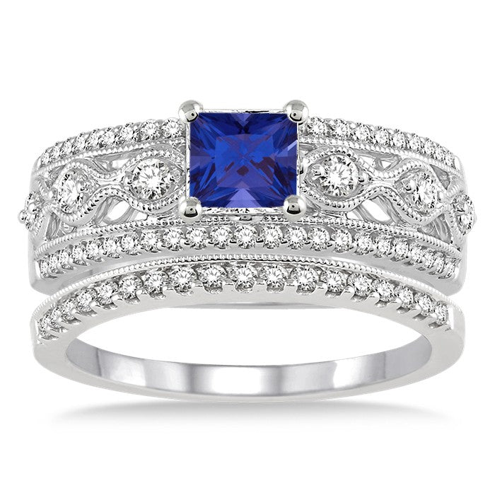 1.5 Carat Sapphire and Moissanite Diamond Antique Bridal Set Engagement Ring on 10k White Gold
