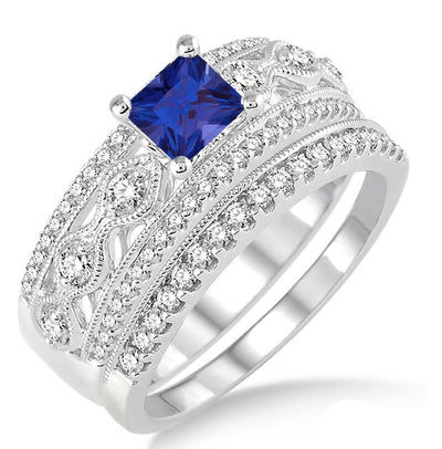 1.5 Carat Sapphire and Moissanite Diamond Antique Bridal Set Engagement Ring on 10k White Gold