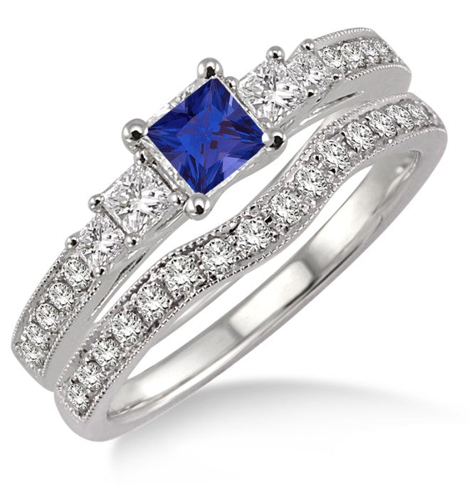 1.5 Carat Sapphire and Moissanite Diamond Antique Bridal set Halo Ring on 10k White Gold