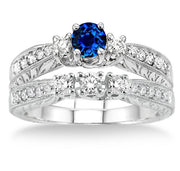 1.5 Carat Sapphire and Moissanite Diamond Antique Bridal set on 10k White Gold