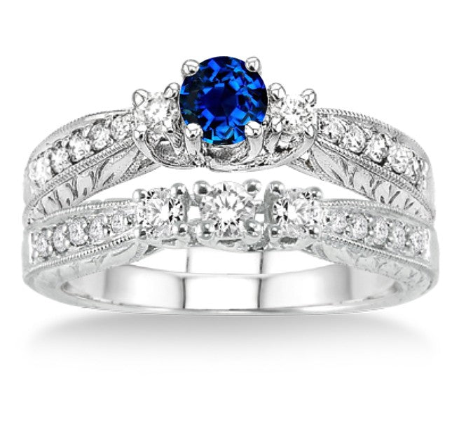 1.5 Carat Sapphire and Moissanite Diamond Antique Bridal set on 10k White Gold