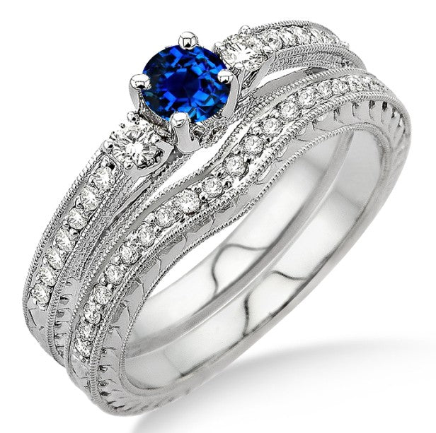 1.5 Carat Sapphire Antique Bridal set on 10k White Gold