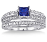 1.5 Carat Sapphire and Moissanite Diamond Antique Bridal set Ring on 10k White Gold