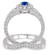 1.5 Carat Sapphire and Moissanite Diamond Antique Floral Bridal set on 10k White Gold