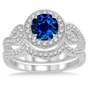 1.5 Carat Sapphire and Moissanite Diamond Antique Halo Bridal Set Engagement Ring on 10k White Gold