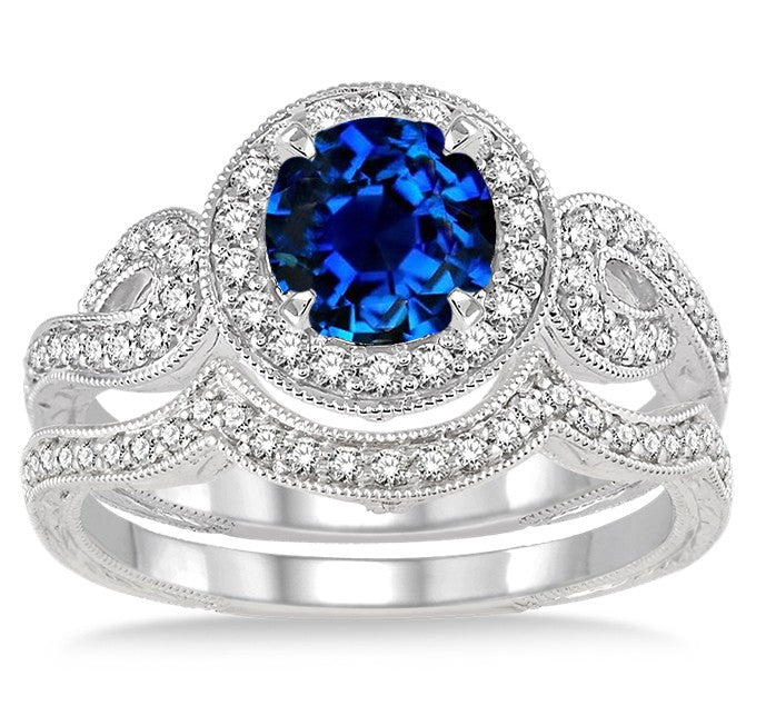 1.5 Carat Sapphire and Moissanite Diamond Antique Halo Bridal Set Engagement Ring on 10k White Gold