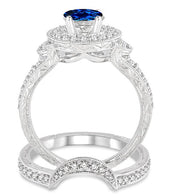 1.5 Carat Sapphire Antique Halo Bridal Set Engagement Ring on 10k White Gold