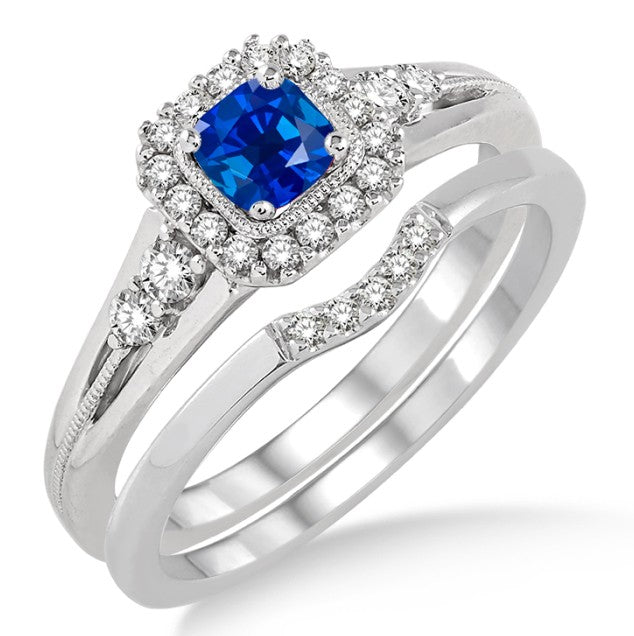 1.5 Carat Sapphire and Moissanite Diamond Bridal Set Halo Engagement Ring Bridal Set on 10k White Gold