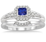 1.5 Carat Sapphire and Moissanite Diamond Bridal Set Halo Engagement Ring Bridal Set on 10k White Gold