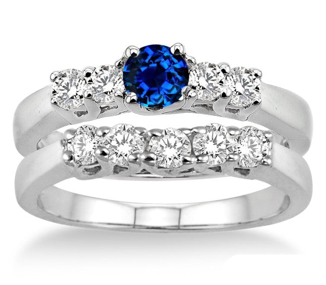 1.5 Carat Sapphire and Moissanite Diamond Five Stone Bridal Set on 10k White Gold