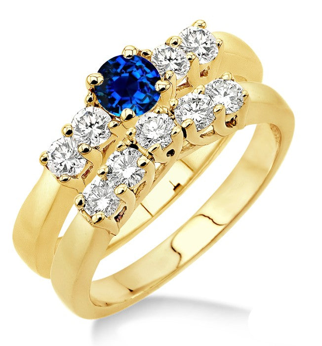 1.5 Carat Sapphire and Moissanite Diamond Five Stone Bridal Set on 10k Yellow Gold