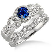 1.5 Carat Sapphire and Moissanite Diamond Halo Bridal Set on 10k White Gold