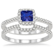 1.5 Carat Sapphire Halo Bridal Set on 10k White Gold