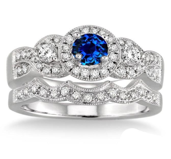 1.5 Carat Sapphire and Moissanite Diamond Halo Bridal Set on 10k White Gold