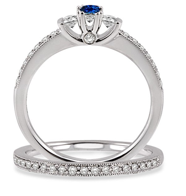 1.5 Carat Sapphire Three Stone Bridal Set on 10k White Gold