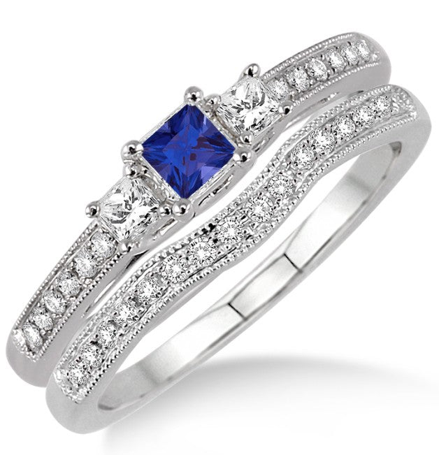 1.5 Carat Sapphire and Moissanite Diamond Three Stone Bridal Set on 10k White Gold