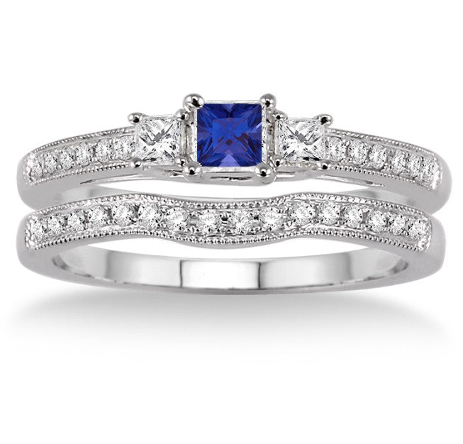 1.5 Carat Sapphire and Moissanite Diamond Three Stone Bridal Set on 10k White Gold