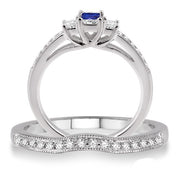 1.5 Carat Sapphire and Moissanite Diamond Three Stone Bridal Set on 10k White Gold