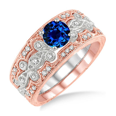 1.5 Carat Sapphire and Moissanite Diamond Vintage Trio Bridal Set Engagement Ring on 10k White Gold