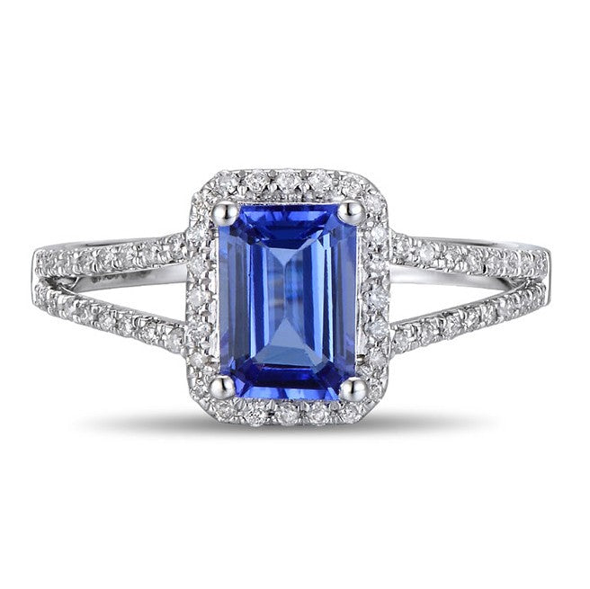 1.50 Carat Blue Sapphire and Moissanite Diamond Halo Engagement Ring for Women in Gold