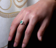 1.50 Carat Emerald and Moissanite Diamond double Halo Engagement Ring in White Gold