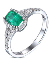 1.50 Carat Emerald and Moissanite Diamond Halo Engagement Ring in White Gold for Her