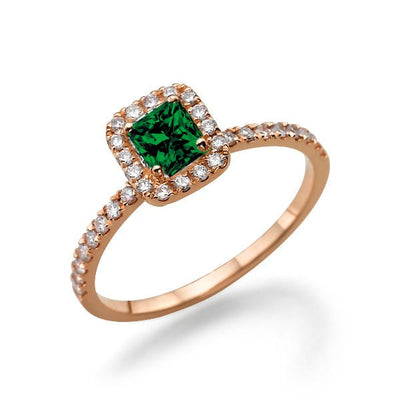 1.50 carat Emerald Cut Emerald and Moissanite Diamond Halo Engagement Ring in 10k Rose Gold