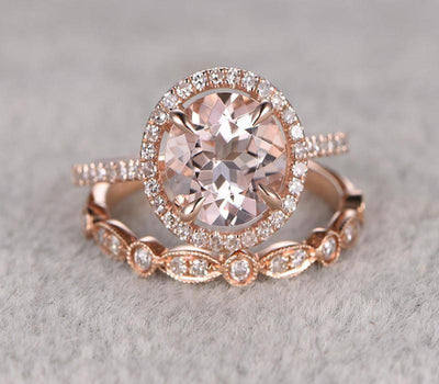1.50 carat Round Cut Morganite Bridal Set with diamonds Halo Style 