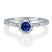 1.50 carat Round Cut Sapphire and Moissanite Diamond Halo Engagement Ring in 10k White Gold