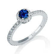 1.50 carat Round Cut Sapphire and Moissanite Diamond Halo Engagement Ring in 10k White Gold