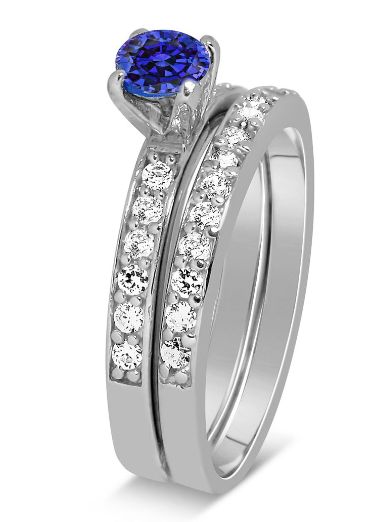 1.50 Carat Vintage Round cut Blue Sapphire and Moissanite Diamond Wedding Ring Set in White Gold