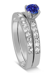 1.50 Carat Vintage Round cut Blue Sapphire and Moissanite Diamond Wedding Ring Set in White Gold