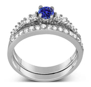 1.50 Carat Vintage Round cut Blue Sapphire and Moissanite Diamond Wedding Ring Set in Gold