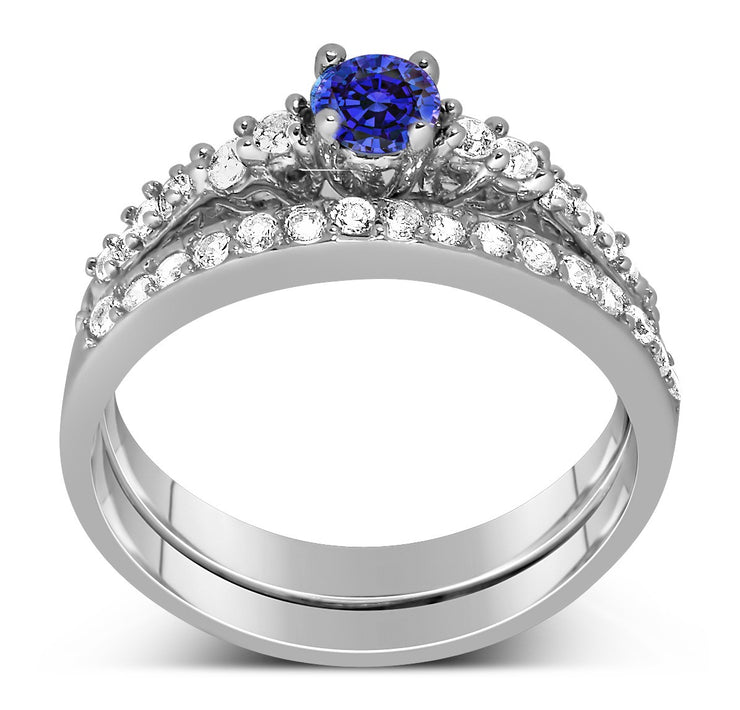 1.50 Carat Vintage Round cut Blue Sapphire and Moissanite Diamond Wedding Ring Set in Gold