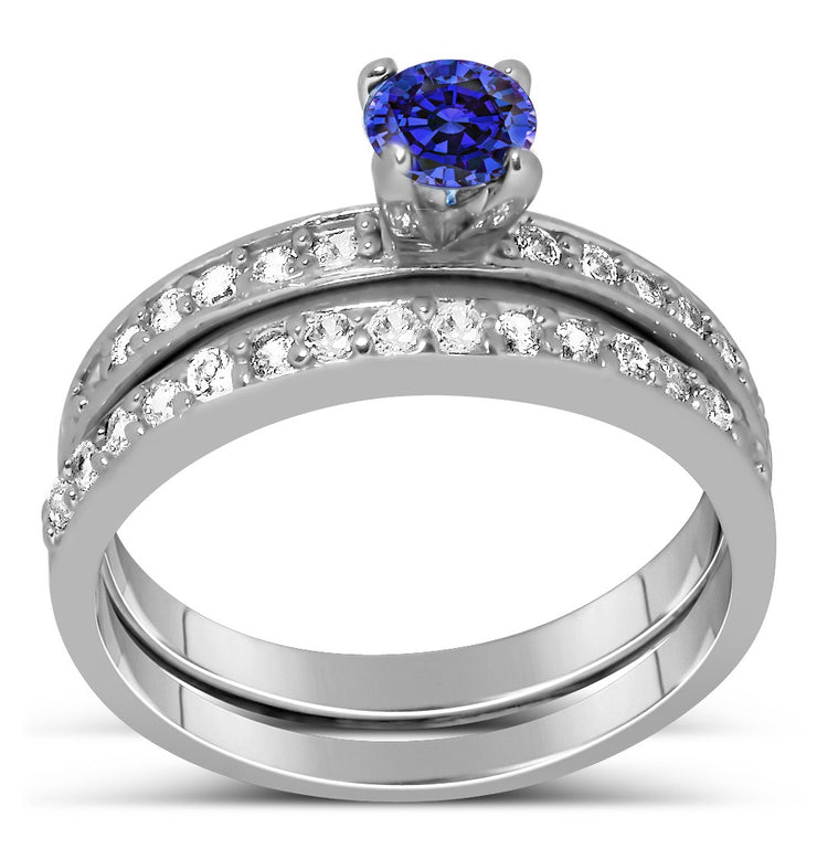 1.50 Carat Vintage Round cut Blue Sapphire and Moissanite Diamond Wedding Ring Set in White Gold