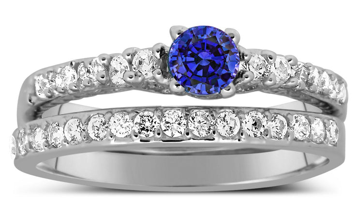 1.50 Carat Vintage Round cut Blue Sapphire and Moissanite Diamond Wedding Ring Set in Gold