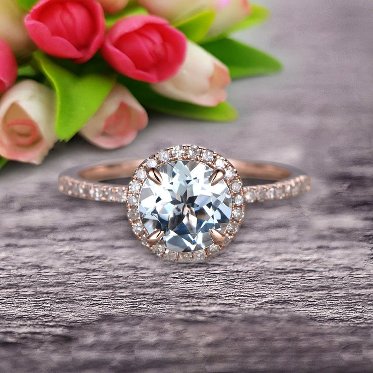 1.50 Carat Round Cut Aquamarine Engagement Ring Wedding Anniversary Gift On 10k Rose Gold Halo Design